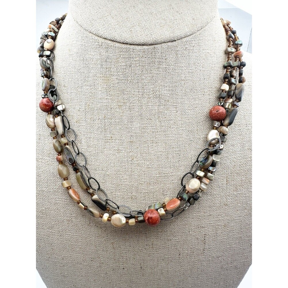 Silpada 925 Silver Coral Abalone Shell Triple Strand Necklace 18”